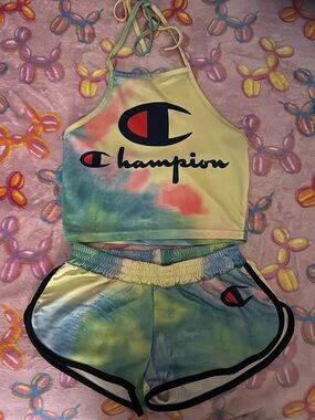 Champion Pastel Tie-Dye Halter Crop Top & Shorts Set - Yellow/Blue/Pink
